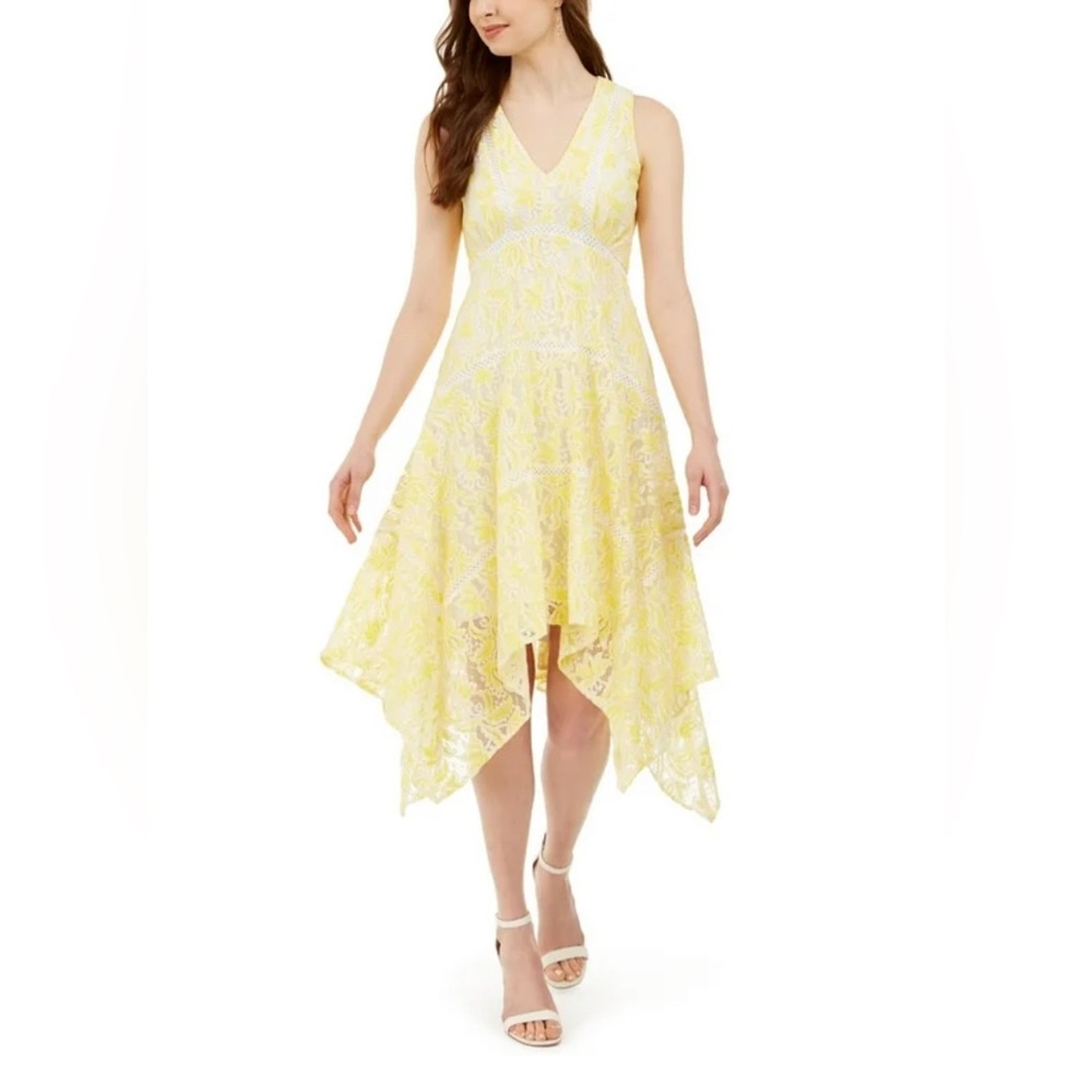 New W/Out Tags! Taylor Yellow Lace Asymmetrical Midi Dress | Size 4